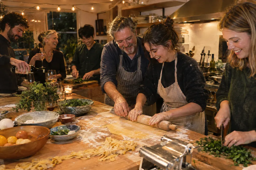 People of different ages cooking fresh pasta together in a warm kitchen